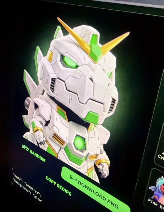 A 3D model of a white and green Gundam-style mech with a yellow V-fin is displayed on a website, with visible buttons for 'COPY RECIPE' and 'DOWNLOAD PNG'.