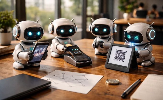 Four small white robots with glowing blue eyes sit at a wooden table, interacting with a smartphone, a payment terminal, a QR code display, and various office items.