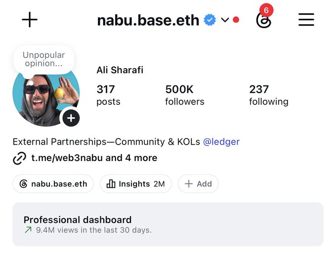 A social media profile page for "nabu.base.eth" shows Ali Sharafi with 317 posts, 500K followers, and 237 following, with bio mentioning External Partnerships—Community & KOLs @ledger.