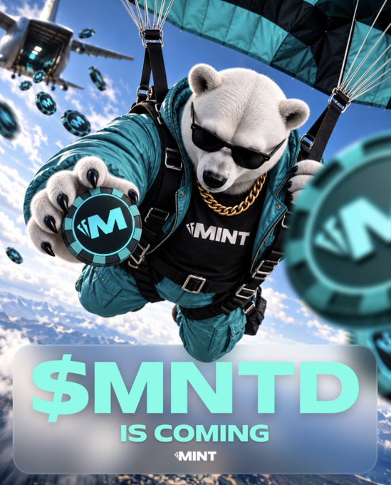 A stylized polar bear wearing sunglasses and a teal paratrooper jacket free-falls through the sky with a parachute, holding a poker chip marked with an "M" while surrounded by floating $MNTD coins, with bold text reading "$MNTD IS COMING" alongside the MINT logo. The image visually represents the post's message about MINT's loyalty ecosystem, where the bear mascot symbolizes MintABear and the falling coins illustrate the incoming $MNTD token rewards tied to the Play-to-Earn loop described in the caption.