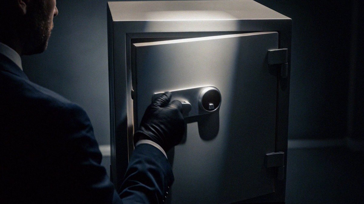 The image shows a man wearing a suit, standing next to an open safe with a keyhole. The text "New tokenized onchain Stock $SNDK is NOW LIVE on Jupiter via @sunrisedefi" is displayed above the scene. This suggests that there might be some sort of online auction or sale taking place for the stock in question.