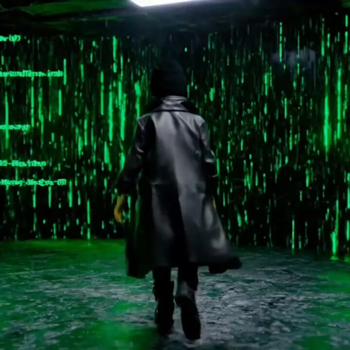The image shows a person wearing a black coat walking through a room with green lights falling from the ceiling, creating an immersive experience for the viewer. There are only 20 1/1s of this scene visible, indicating that the rest of the collection is not shown in the photo. The person appears to be holding onto something and is standing on a wet floor, adding to the overall atmosphere of the scene. The post seems to be related to the movie "FROGE" as it talks about the rarest pieces made by the creators and their excitement for what's next.