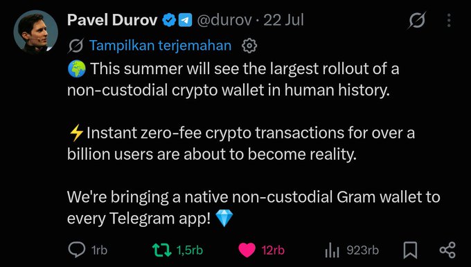 Tweet from Pavel Durov (@durov) announcing the largest non-custodial crypto wallet rollout in history, bringing a native non-custodial Gram wallet to every Telegram app for over a billion users with zero-fee transactions.