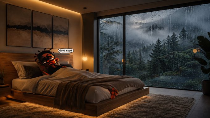 The image shows a bedroom with a bed covered in white sheets and a brown blanket. A person wearing a black shirt is lying down on the bed, possibly sleeping or resting. The room has large windows that provide a view of trees outside, suggesting an outdoor setting. There are also two potted plants in the room - one near the window and another closer to the center of the room.