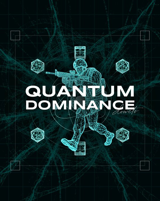 The image features a poster for an online course titled "Quantum Domination" by Algo. The poster showcases a man walking against the backdrop of blue energy lines, surrounded by small hexagonal objects that create a sense of depth and complexity. A gun is also depicted on the poster, adding an element of realism to the scene. The image seems to be an advertisement or description for the course being offered online.