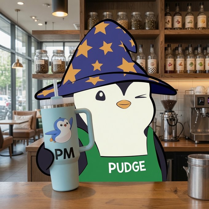 An animated penguin wearing a wizard hat with stars and a green apron labeled 'PUDGE' stands behind a coffee shop counter next to a blue tumbler with a penguin design and the letters 'PM'.