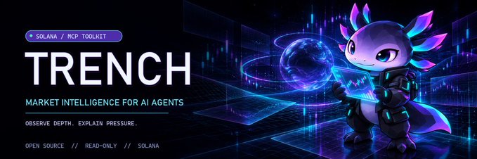 A promotional banner for 'TRENCH' describes it as 'Market Intelligence for AI Agents' built on Solana, featuring a 3D animated axolotl character.