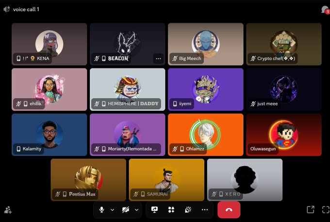 A Discord voice call interface titled 'voice call 1' shows a grid of 15 participants with usernames including KENA, BEACON, Big Meech, Crypto chef, ehilia, HEMISPHERE|DADDY, iyemi, just meee, Kalamity, MoriartyRemontada, Ohlamzz, Oluwasegun, Pentus Max, SAMURAI, and XERO.