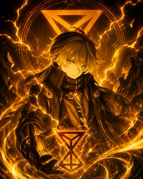 Anime-style illustration of a young man with brown and yellow hair, surrounded by fire and mystical symbols, with a large triangular emblem behind him.