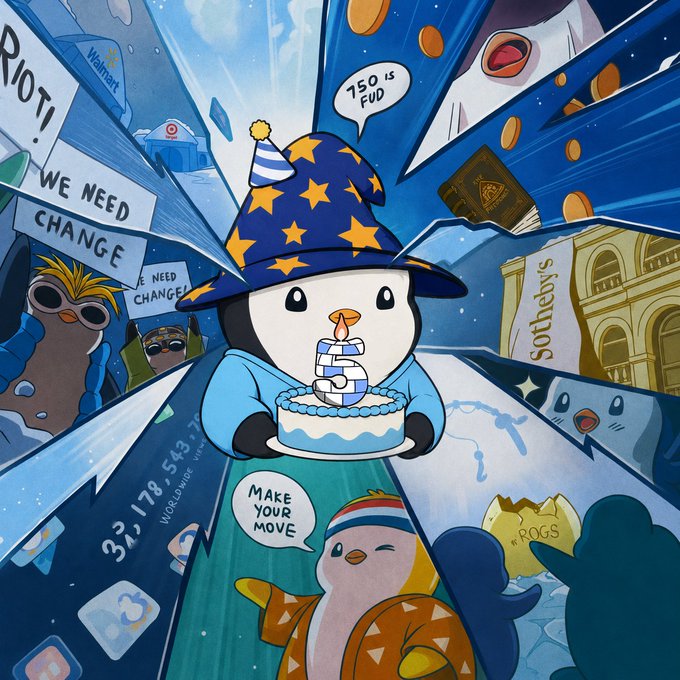 A colorful illustration featuring a penguin in a wizard hat with dollar signs, surrounded by references to Walmart, Sotheby's, FROG coin, and text like 'We Need Change' and 'Make Your Move'.