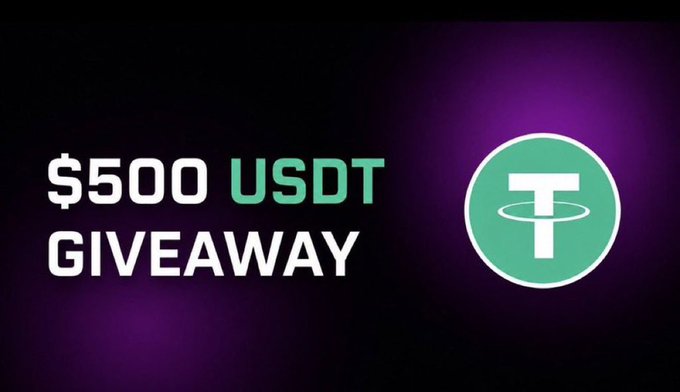 The image is a promotional graphic for a "$500 USDT GIVEAWAY," featuring the bold white and green text alongside Tether's distinctive teal "T" logo on a dark purple gradient background. It visually reinforces the accompanying post's contest announcement, which directs users to join a Telegram channel, retweet and like the post, and reply with their wallet details to enter.
