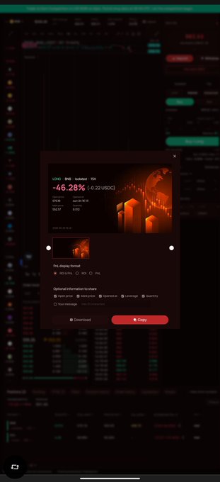 A screenshot of a trading platform displays a losing LONG BNB (USDC) isolated 15x position with a -46.28% loss (-0.22 USDC), entry at 570.16 and current mark price at 552.57, visually corroborating the trader's post about taking a hit while holding onto the setup.