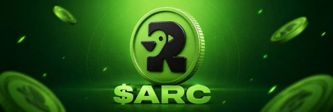A promotional graphic featuring a green coin with a stylized 'R' logo in the center, with '$ARC' text below it, set against a dark green background with floating coins.