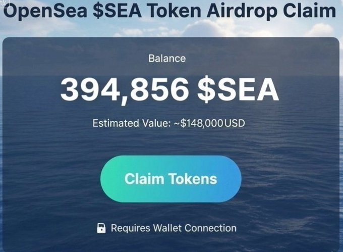 A fraudulent OpenSea $SEA token claim interface displays an airdrop of 394,856 $SEA tokens valued at ~$148,000 USD, prompting users to connect their wallets via a "Claim Tokens" button. The image relates to the post by illustrating one of the likely phishing scams that warmed up wallets before the real (or fake) OpenSea airdrop announcement, exploiting users eager to participate.