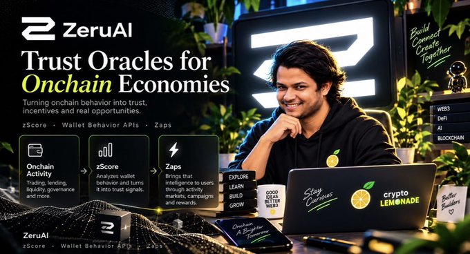A promotional banner for "ZeruAI" featuring a smiling young man with a laptop, advertising "Trust Oracles for Onchain Economies" and highlighting zScore, Wallet Behavior APIs, and Zaps as tools to analyze onchain activity and reward users.