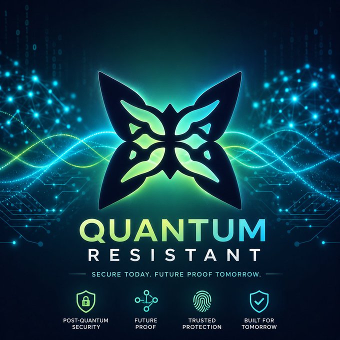 A digital poster for "QUANTUM RESISTANT" features a glowing green butterfly logo, the tagline "SECURE TODAY. FUTURE PROOF TOMORROW.", and icons for "POST-QUANTUM SECURITY" and "BUILT FOR TOMORROW".