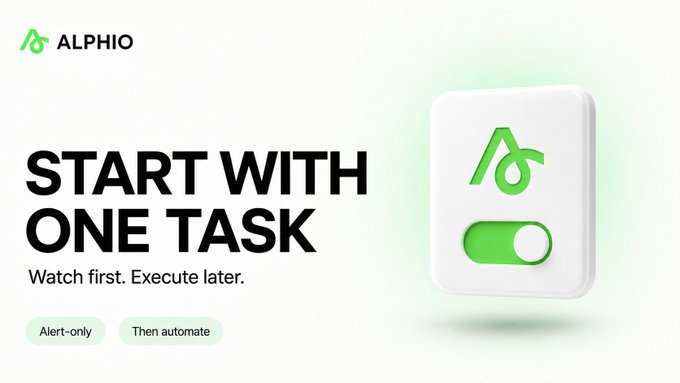 A promotional graphic for 'ALPHIO' displays the text 'START WITH ONE TASK' and 'Watch first. Execute later.' alongside a 3D toggle switch icon.