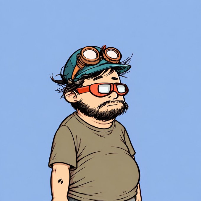 A cartoon illustration of a bearded man wearing a blue cap with goggles on top and red glasses, set against a plain blue background.