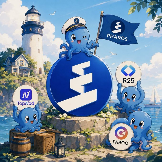 An illustrated scene features cute blue octopus mascots near a lighthouse, with logos for PHAROS, TopNod, R25, and FAROO displayed on circular badges and a large central emblem.