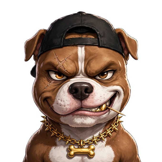 A digital illustration of a brown and white pitbull-type dog wearing a black backwards cap and a spiked gold chain with a bone pendant, smoking what appears to be a toothpick or small stick.
