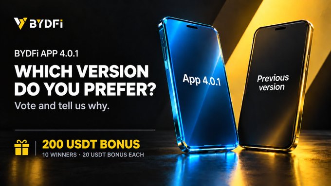 A promotional banner for the 'BYDFi' app comparing 'App 4.0.1' and 'Previous version' on smartphones, offering a '200 USDT BONUS' to 10 winners.