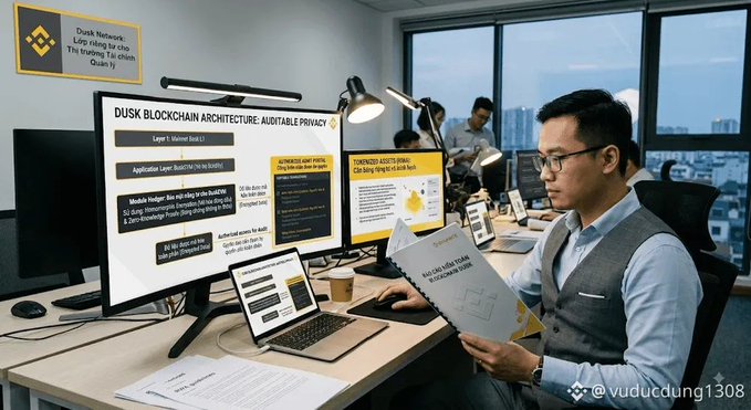 An Asian man in glasses and a vest sits at a modern office desk reviewing a document about "DUSK BLOCKCHAIN ARCHITECTURE: AUDITABLE PRIVACY" displayed on his monitor, while also examining papers in his hands. The image visually supports the post's discussion about audit challenges in blockchain transparency, illustrating the theme of auditable privacy in the Dusk project mentioned in the caption.