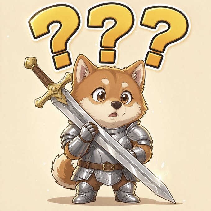 A cartoon illustration of a small dog dressed as a knight holding a sword, with three large yellow question marks floating above its head.