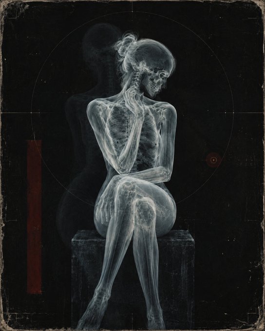 A dark, artistic X-ray style illustration shows a translucent, skeletal female figure sitting on a block, with her shadow cast against a black background.