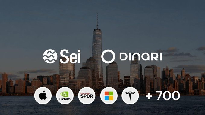 A promotional banner for Sei and Dinari featuring the New York City skyline, with logos for Apple, NVIDIA, SPDR, Microsoft, and Tesla plus '700' additional assets.