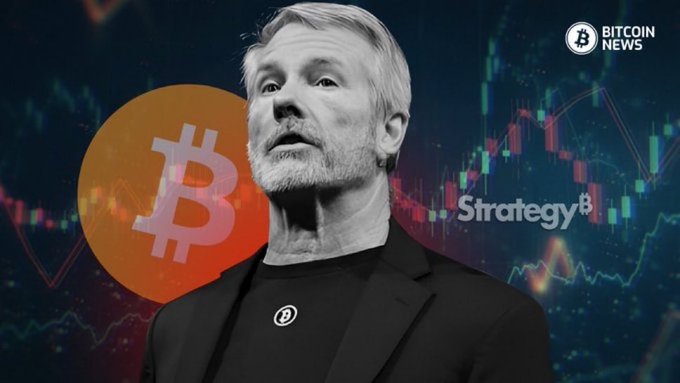 A black-and-white image shows MicroStrategy's Michael Saylor in front of a Bitcoin logo and "Strategy" branding, with candlestick chart graphics in the background. The "Bitcoin News" logo appears in the top right corner, complementing the article about Strategy's sale of 1,638 BTC and its $4.0B USD reserve.