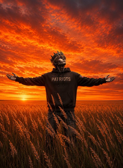 A figure with a metallic, spiked headpiece wearing a black 'PATRIOTS' hoodie stands with outstretched arms in a wheat field under a dramatic fiery orange sunset.
