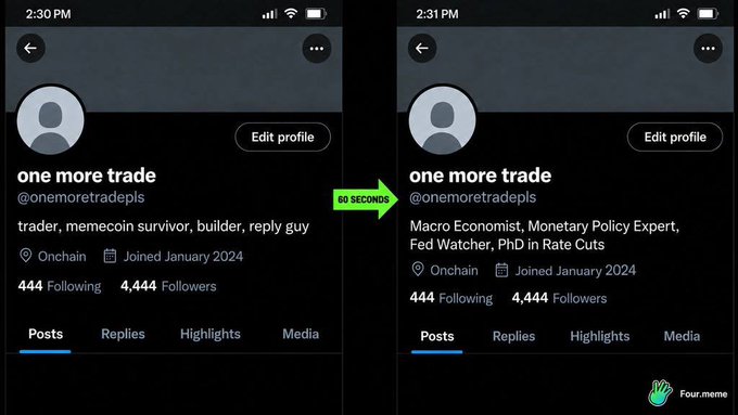 A Twitter profile belonging to "one more trade" (@onemoretradepls) is shown updating its bio in real-time during an FOMC press conference—changing from "trader, memecoin survivor, builder, reply guy" at 2:30 PM to "Macro Economist, Monetary Policy Expert, Fed Watcher, PhD in Rate Cuts" by 2:31 PM, humorously illustrating how quickly social media users reinvent their credentials after a Fed announcement.