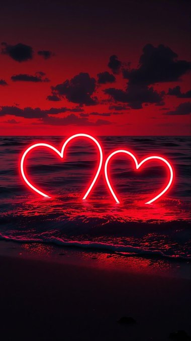 Two glowing red neon heart shapes are superimposed over a dark beach scene with a red sunset sky.