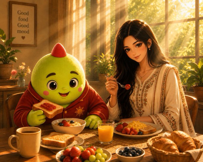 An anime-style illustration of a young woman and a green, round character sitting at a breakfast table filled with food like toast, fruit, and croissants, with a wall sign reading 'Good food Good mood'.