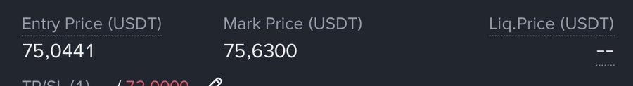 A screenshot of a cryptocurrency trading interface displaying an Entry Price of 75.0441 USDT, a Mark Price of 75.6300 USDT, and an empty 'Liq.Price (USDT)' field.