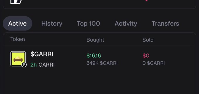 A cryptocurrency tracking dashboard displays an active transaction showing a purchase of $16.16 worth of $GARRI token (849K $GARRI) 2 hours ago, with $0 sold, matching the social media post announcing a small buy of $GARRI for community support.