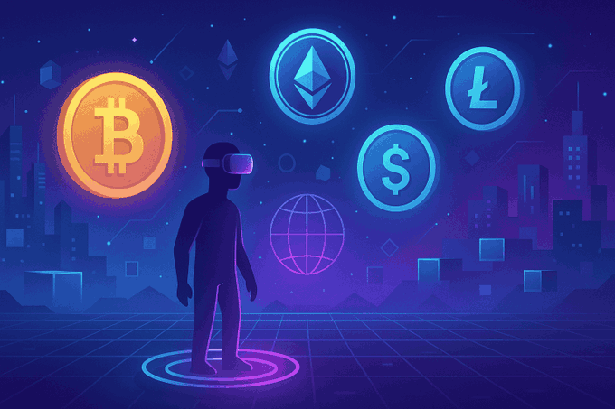 A digital illustration shows a silhouette wearing a VR headset standing among glowing cryptocurrency symbols including Bitcoin, Ethereum, Litecoin, and a dollar sign.