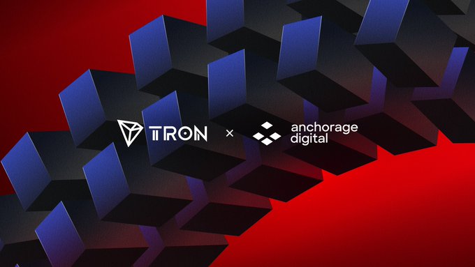 A graphic featuring the TRON logo next to '× anchorage digital' set against a backdrop of dark blue 3D cubes and a red gradient.