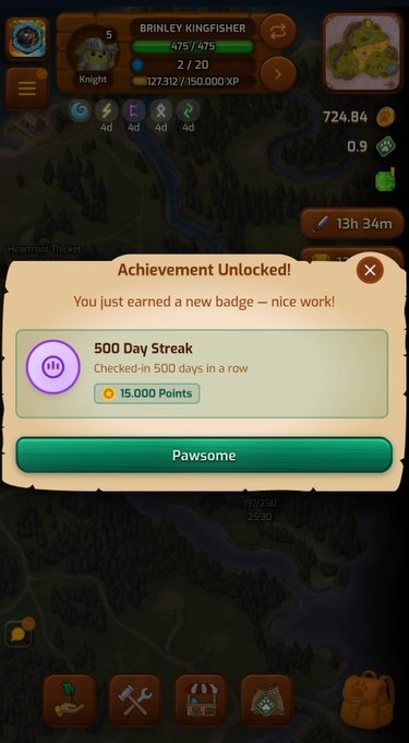A mobile game screenshot showing an "Achievement Unlocked!" pop-up for a "500 Day Streak" badge, earned by checking in 500 days in a row, granting 15,000 Points.