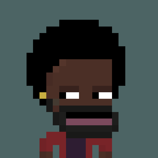 A low-resolution pixel art portrait of a dark-skinned character with black hair, white rectangular eyes, a gold earring, and a red jacket against a teal background.