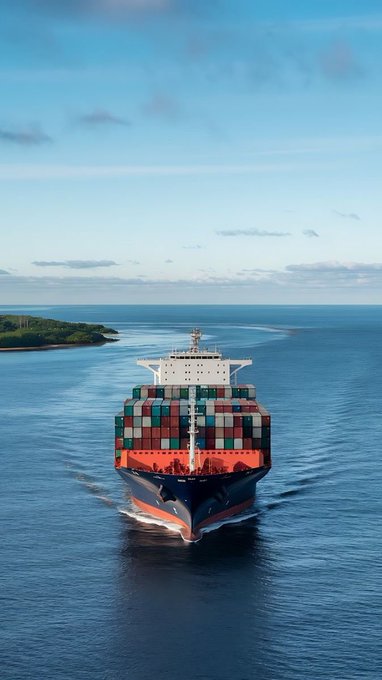 Aerial view of a large container ship loaded with multicolored shipping containers sailing through calm blue ocean waters near a green coastline.
