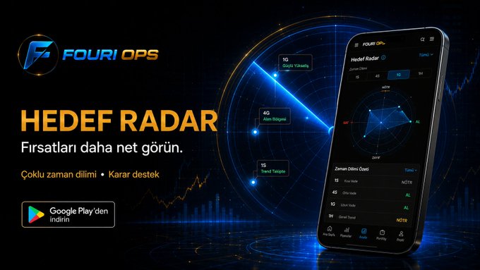 Advertisement for Fouriops 'Hedef Radar' mobile app showing stock scanner features and available on Google Play with Turkish text 'Fırsatları daha net görün' (See opportunities more clearly).