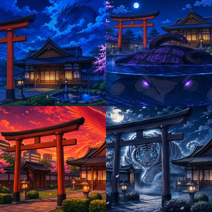 A four-panel illustration depicting Japanese-style shrines with torii gates in different settings, featuring a blue dragon, a purple-eyed creature in water, a fiery phoenix, and a white tiger.