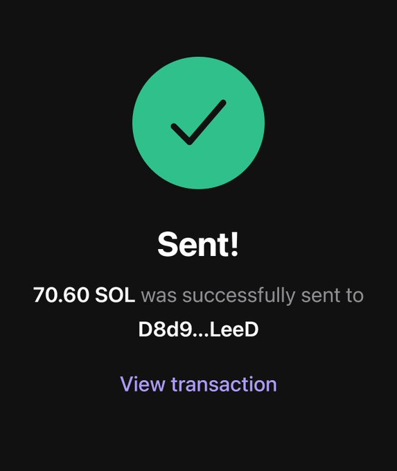 A transaction confirmation screen showing "70.60 SOL was successfully sent to D8d9...LeeD" with a "Sent!" checkmark, likely illustrating the creator fulfilling their promise to fund participants in their "1 to 1000 SOL challenge."