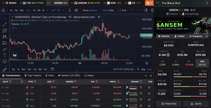 A DexScreener trading chart shows the $ANSEM token on PumpSwap with a price of $0.1252, displaying candlestick data and recent transactions.