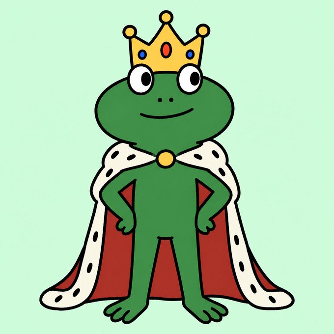 A cartoon illustration of a green frog wearing a yellow crown and a red and white royal cape.