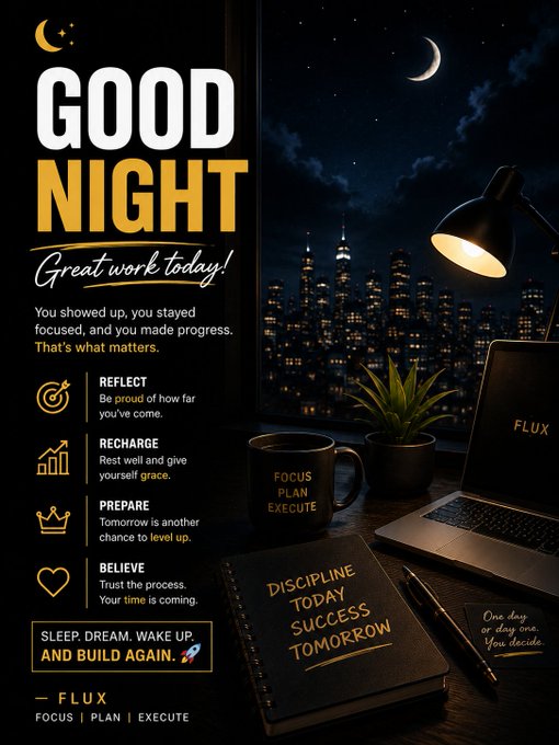 A motivational 'GOOD NIGHT' poster with text including 'Great work today!', 'REFLECT', 'RECHARGE', 'PREPARE', 'BELIEVE', and 'DISCIPLINE TODAY SUCCESS TOMORROW', showing a nighttime cityscape with a desk, laptop labeled 'FLUX', notebook, and mug.