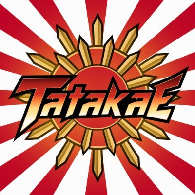 A logo featuring the stylized text 'Tatakae' in red and gold metallic lettering over a starburst emblem, set against a red and white rising sun background.