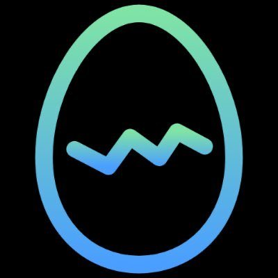 A simple logo featuring an egg-shaped outline in green and blue gradient colors containing a zigzag line design, set against a black background.