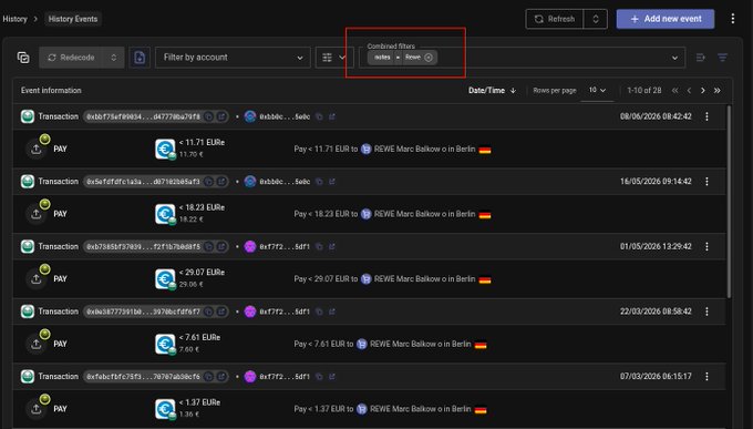 A cryptocurrency transaction history interface titled 'History > History Events' showing multiple 'Pay v' transactions in EUR to 'REWE Marc Balkow o in Berlin' with various dates and amounts.